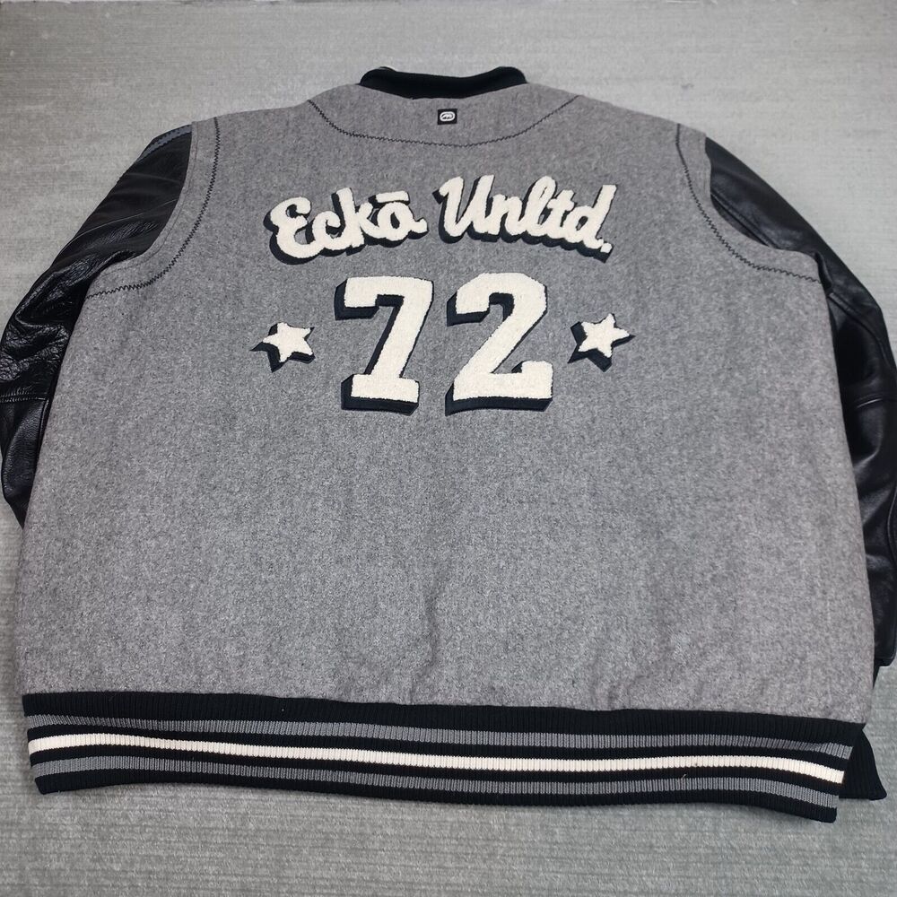 Vintage Ecko Varsity Jacket Mens XXL Gray Leather Sleeves Large Back Logo 72 Y2K - Picture 2 of 16